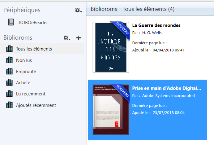 Capture d'écran d'Adobe Digital Editions présentant dans le menu latéral gauche la section nommée Périphériques
