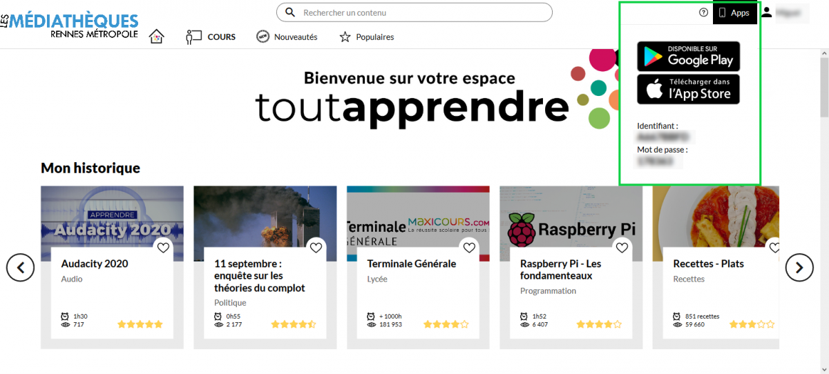 En haut à droite du site, une zone "app" est disponible et vous permet d'afficher vos codes personnels
