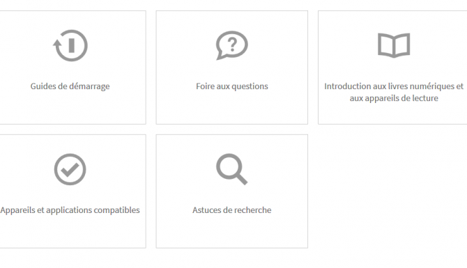 Page d'aide de Cantook, avec des rubrique comme "démarrage", foire aux questions etc