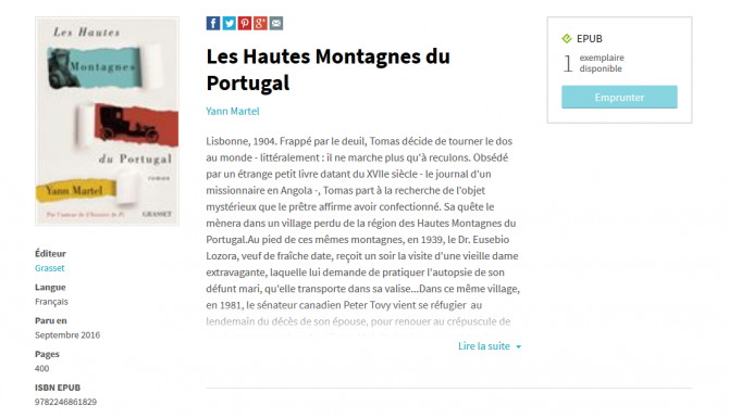 Détail d'un document, couverture à gauche et description à droite, informations de disponibilité