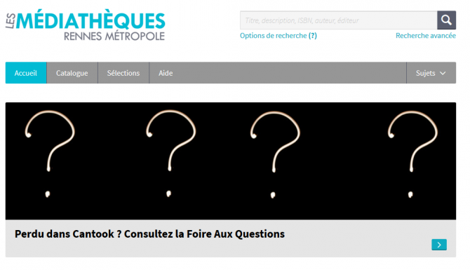 page d'accueil de Cantook. Logo en haut à gauche, moteur de recherche et compte à droite, liens vers les pages et caroussel en dessous