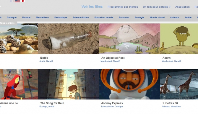 Page de recherche du site "films pour enfants" (classement des films d'animation par vignettes).