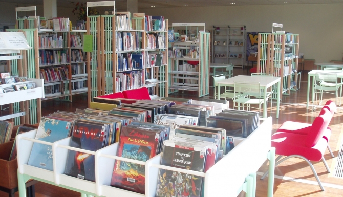 Vue des espaces. Des bacs albums et BD en premier plan.