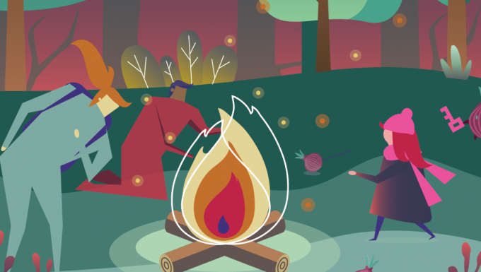 INSA - CC-BY-SA Des personnages dans une forêt autour d'un feu de camp