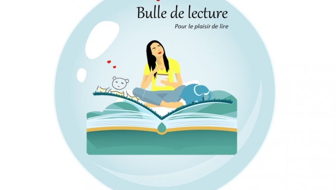 Bulle de lecture. Tous droits réservés. Illustration d'un personnage écrivant en position assise sur un livre géant.