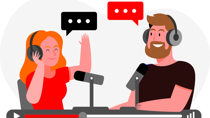 Les podcasts. Illustration de deux personnages réalisant un podcast.