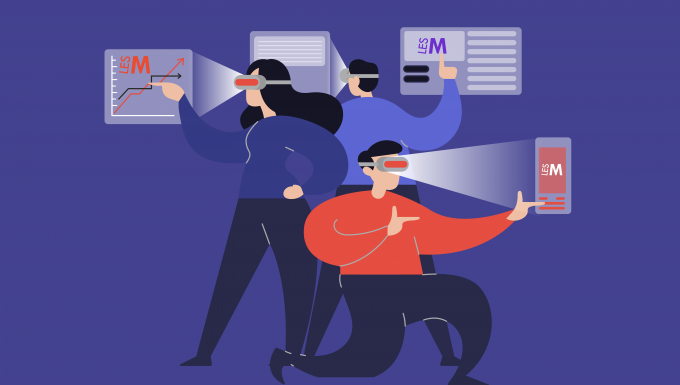 Réalité virtuelle Illustration comprenant trois personnages équipés de casques de réalité virtuelle.