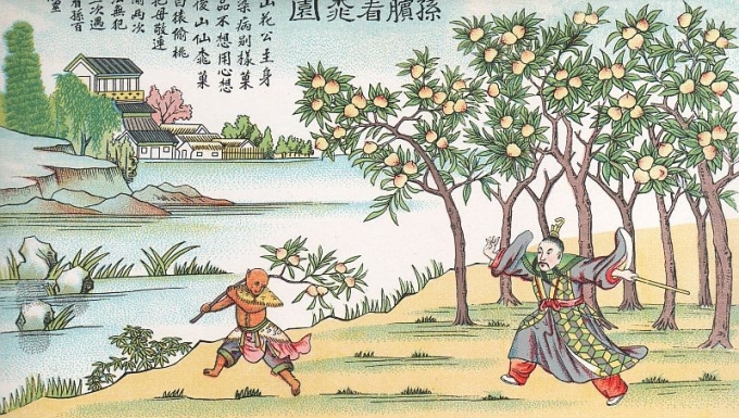 Suen-heou-tse poursuivi par Yu-hoang dans le jardin des pêchers. Illustration de la légende de Suen-heou-tse : Yu-hoang maîter des cieux poursuivant Suen-heou-tse, roi des singes