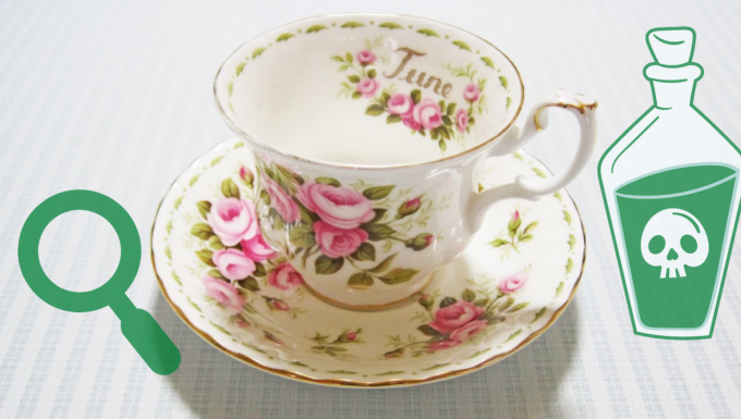CC0 Freepik. Une tasse de thé entouré de deux pictos (une loupe une bouteille de poison).