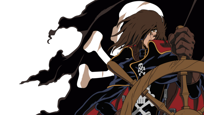 Albator. Tous droits réservés. Illustration du personnage d'Albator à la barre d'un gouvernail. Un drapeau pirate flotte derrière lui.