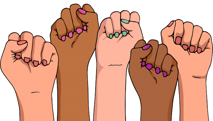 Illustration de poings féminins levés.