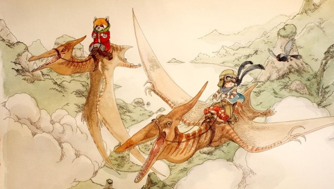 Boulet - Tous droits réservés Dessin de boulet représentant deux jeunes aventuriers chevauchant des ptérodactiles
