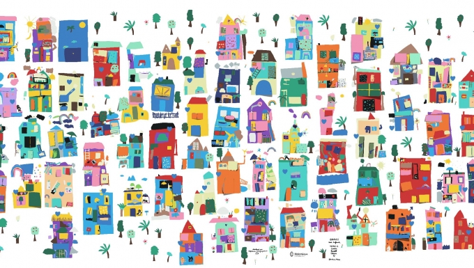 Des animaux chez soi. Tous droits réservés. Un village de maison colorées.