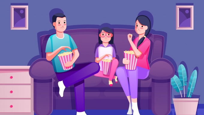 Créé par pikisuperstar - fr.freepik.com Dessin représentant une famille qui regarde un film en mangeant des popcorns