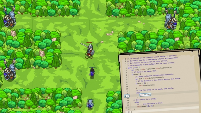 CodeCobat - Tous droits réservés écran du jeu CodeCombat. En fonds on voit un décor de jeu de rôle. Des chevaliers et des monstres dans une forêt. En premier plan, on voit une feuille remplie de code informatique en cours d'écriture