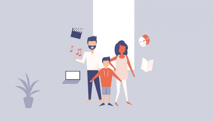 #Culturecheznous. Tous droits réservés. Illustration d'une famille réunie entourée de pictos de documents numériques.