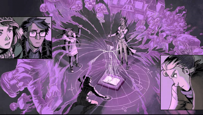 La Danse Macabre. Neb Studios – tous droits réservés Illustration des personnages principaux réunis autour d'une tablette.
