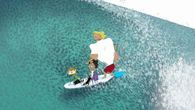 Dans la toile. Tous droits réservés. Illustration des personnages surfant sur une vague.