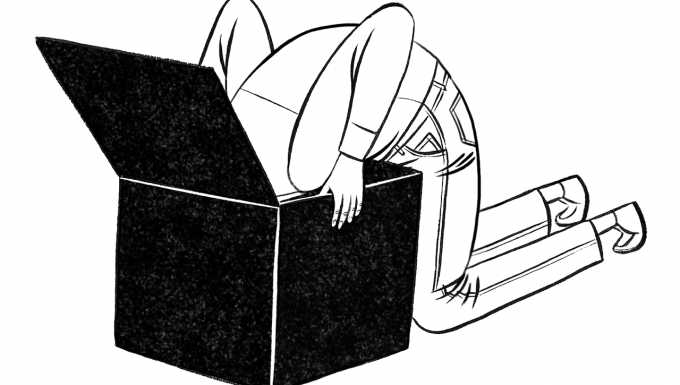 Data Detox Kit. Tous droits réservés. Illustration en noir et blanc d'un personnage la tête plongée dans un carton.