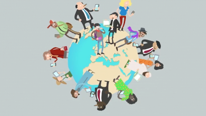 Décod'actu. Tous droits réservés. Personnages utilsiant des outils numériques positionnés sur un globe terrestre.