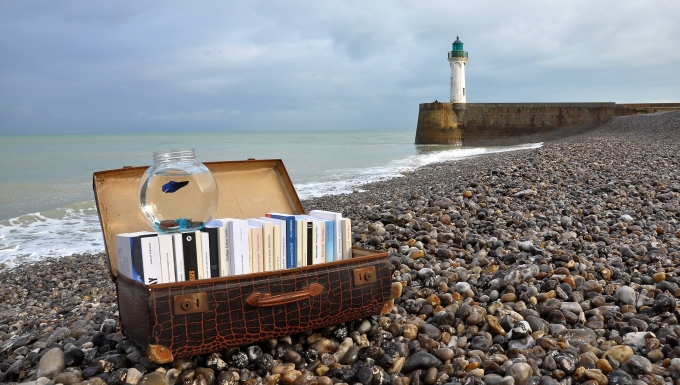 CC0 - Pixabay Valise déposée sur une plage contenant des livres et un bocal à poisson rouge. Au loin on aperçoit un phare