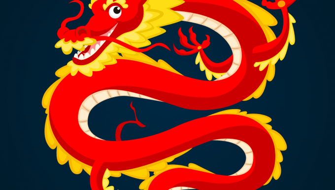 Dragon - conçu par Freepik Un dragon rouge et jaune sur fond bleu foncé.