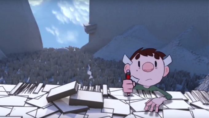 I am Dyslexic. Tous droits réservés. extrait du film d'animation : un personnage d'enfant escaladant une montagne de livres.