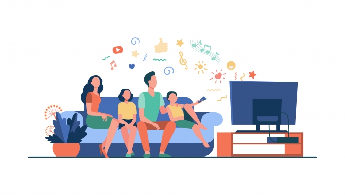 Freepik - CC0 @pch.vector Une famille heureuse regardant un dessin animé