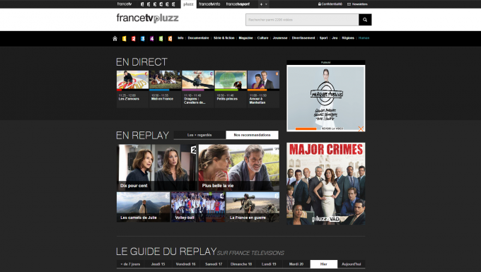 Accueil Francetv pluzz. Cop. France Télévisons Mosaîque de la page d'accueil de Francetv pluzz