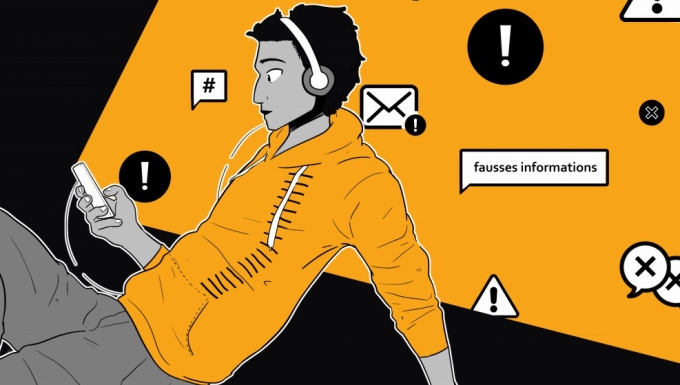 Fred se méfie des fausses infos Illustration d'un homme consultant Internet sur son smartphone.