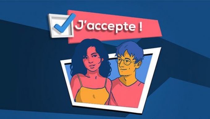 Illustration type BD des deux personnages principaux du jeu  (Sarah et Julien).