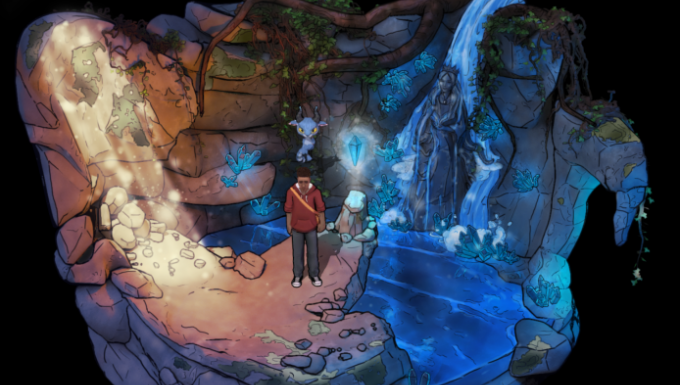 Legends of Europe - tous droits réservés Écran du jeu - un jeune homme et une créature dans une caverne