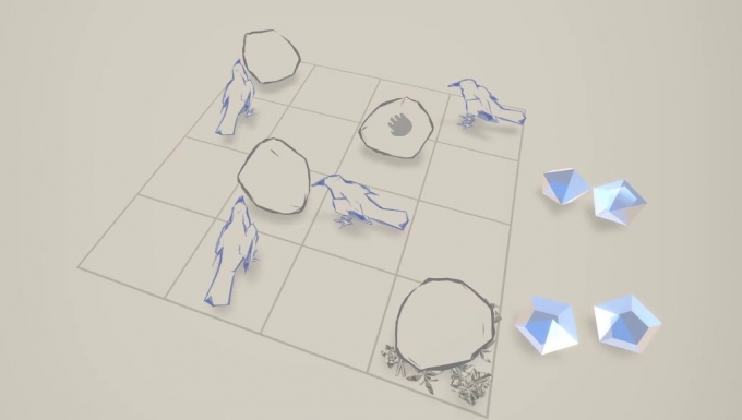 Rocks & Ravens. Tous droits réservés. Extrait du jeu : un échiqiuer comportant des pierres et diamants. Le plateau est arpenté par des corbeaux.