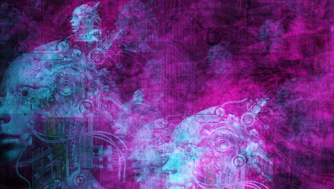 Mois de l'Imaginaire - tous droits réservés Une vue artistique de l'espace dans lequel par surimposition on distingue des silhouettes robotiques, humaines, des planètes