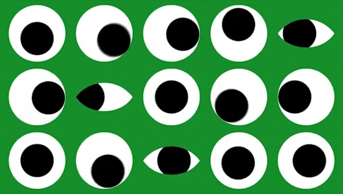 Mon Oeil. Tous droits réservés. Illustration de plusieurs pupilles en mouvement sur fond vert.