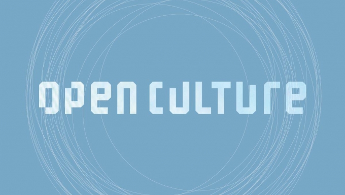 Logo OpenCulture. Cop. OpenCulture Lettres stylisées blanches sur fond bleu