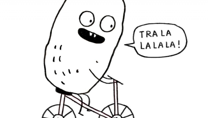 Une patate à vélo. Tous droits réservés. Illustration d'un personnage en forme de patate faisant du vélo.