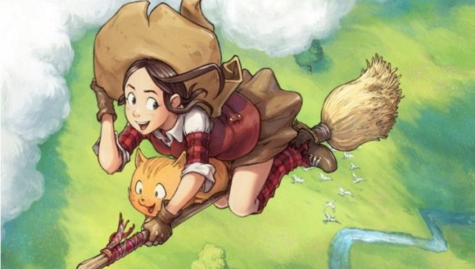 CC-BY-SA - Pepper&Carrot Dessin d'une jeune sorcière volant sur son balai accompagnée de son chat.