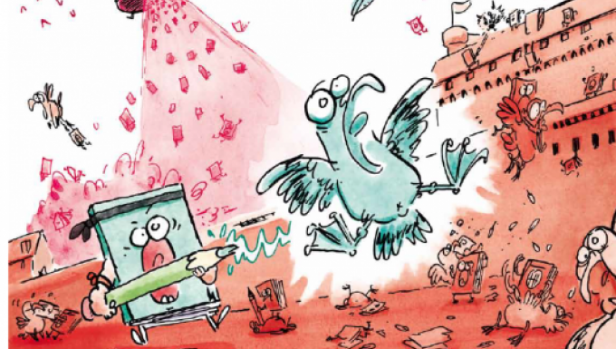 Quai des Bulles - tous droits réservés Affiche dessinée du festival. Une mouette est poursuivie par un crayon