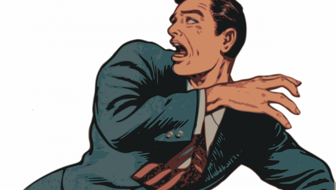 homme d'affaire (style comics) effrayé par quelque chose hors-cadre à gauche.