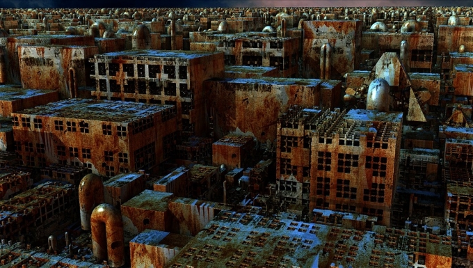Droits : https://cdn.pixabay.com/photo/2016/09/05/22/43/mandelbulb-1647925__340.jpg Ville en ruine vue du dessus. Les immeubles et structures sont sales et rouillées