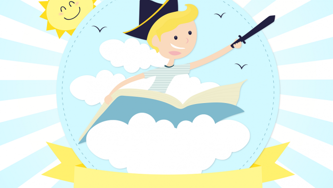 CC0 - Freepik Un jeune garçon chevauche un livre à travers les nuages