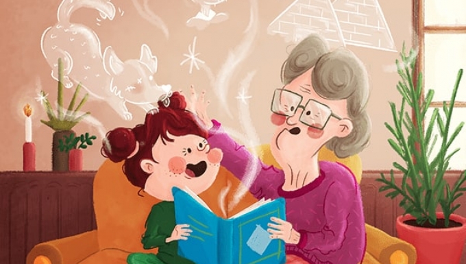 Dessin d'une grand-mère racontant des histoires à sa petite-fille