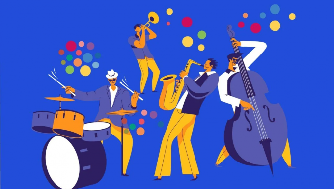 ToutApprendre - tous droits réservés Un dessin sur fond bleu avec une série de personnage jouant de la musique