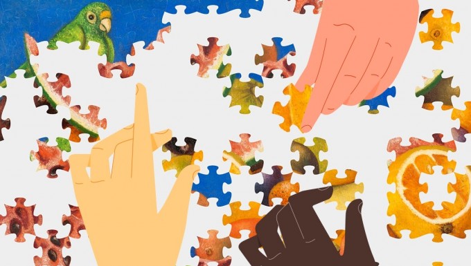 Puzzle party. Tous droits réservés. Illustration de mains réalisant un puzzle.