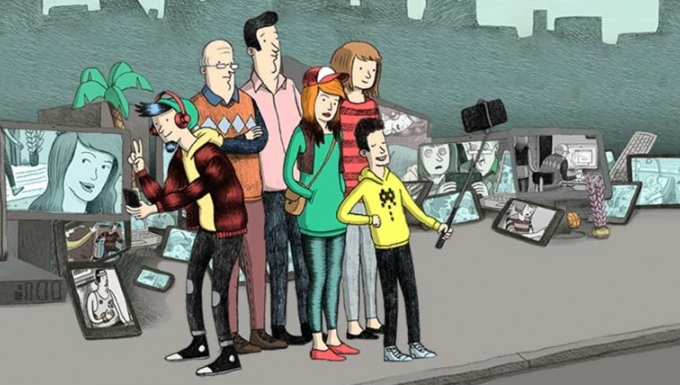 Les Websters. Tous droits réservés. Illustration d'une famille rassemblée entourée d'écrans.