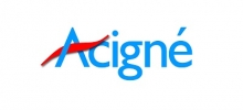 logo de la ville d'Acigné. Le mot Acigné est en bleu à l'exception de la barre horizontale du A qui est rouge en forme de vague