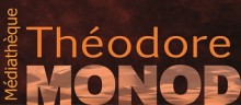 Logo rectangulaire de la médiathèque Théodore Monod de Betton. Texte orangé sur fond marron fonçé.