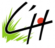 Logo de la ville représentation en fonds une touffe d'herbe, un "soleil" rouge et en premier-plan les lettres "L'H" de couleur noire