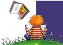 Logo de l'association Des Livres et Vous. Enfant (bande dessinée) de dos en train de lire un livre.